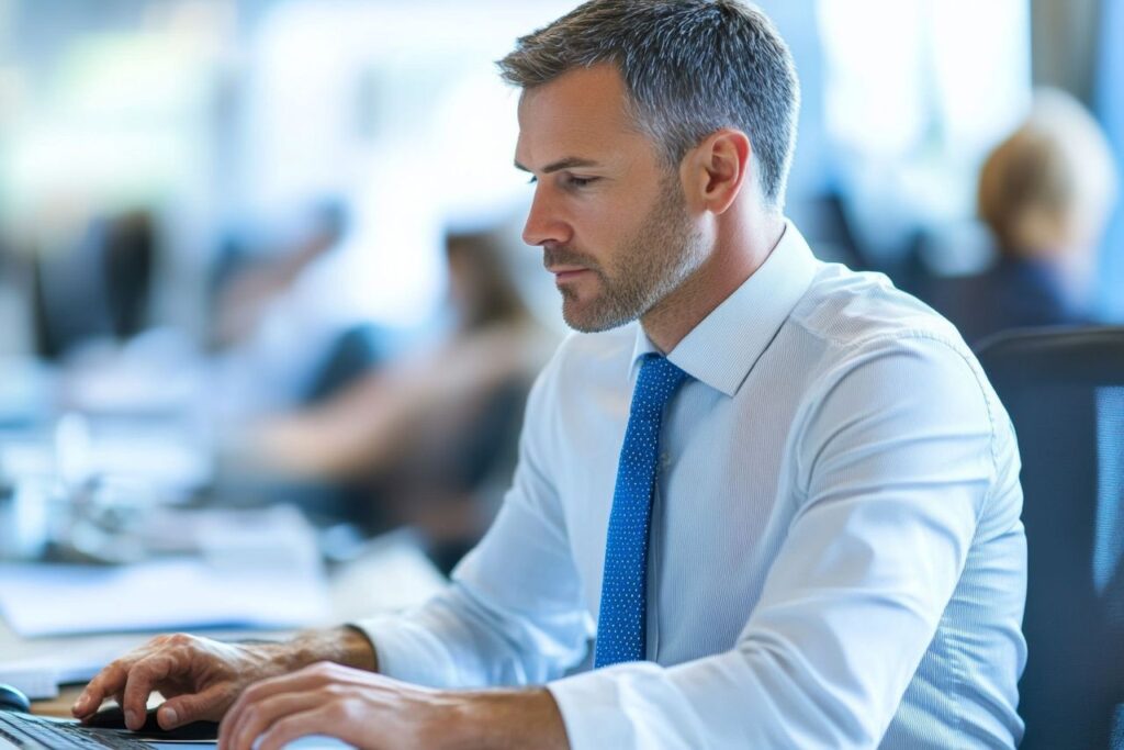 Professional-looking man at a computer typing intently